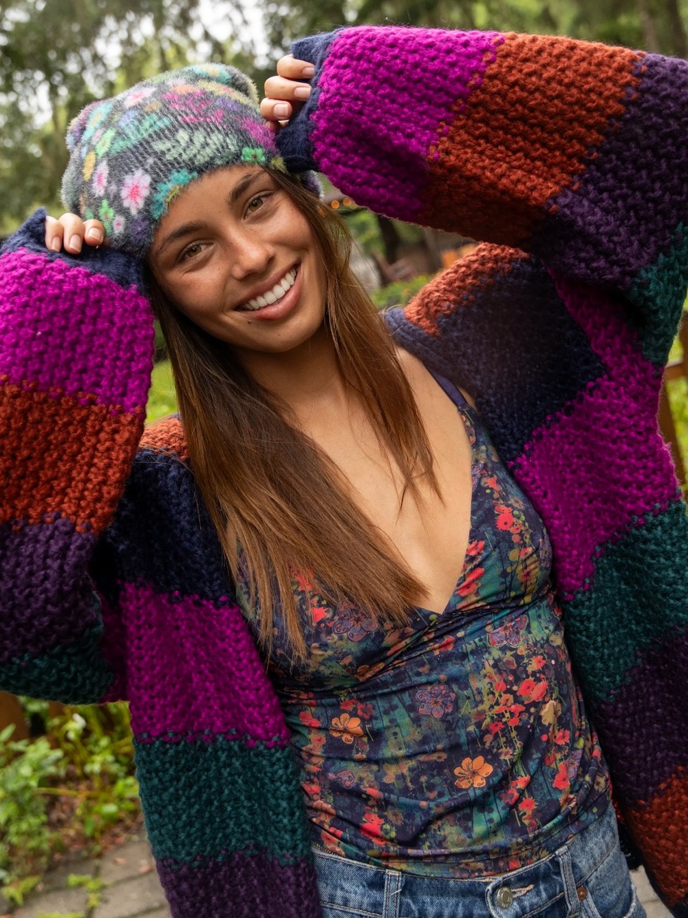 Natural Life | Colorful Striped Chunky Knit Open Front Cardigan Sweater L/XL